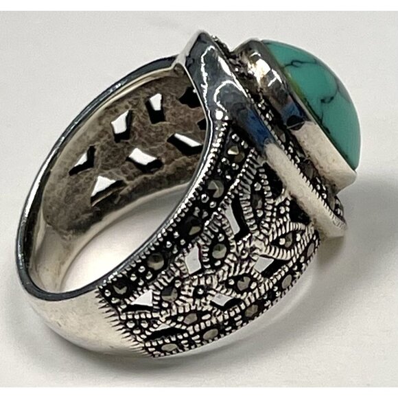 VTG Sterling Silver 925 Size 7.5 RING w/ Oval Turquoise Stone & Rhinestone EUC - Picture 2 of 3